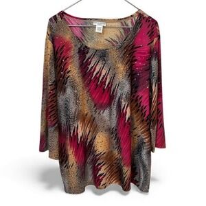 Rebecca Malone Woman 1X Abstract Print Sparkle 3/4 Sleeve Top Shirt